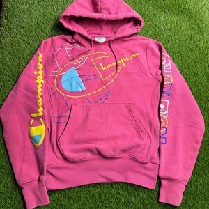 Champion Reverse Weave Pink Hoodie with Colorful Graphics